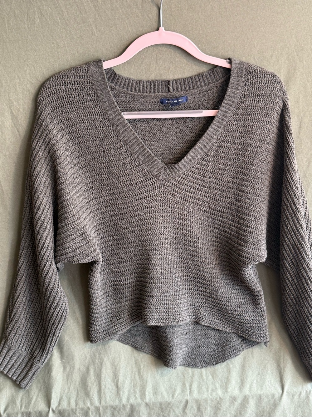 Cropped Green American Eagle V-Neck Knit Sweater